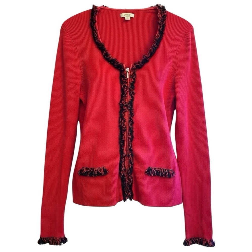 Caché Vintage Red Ribbed Knit Fringe Cardigan Y2K Size L